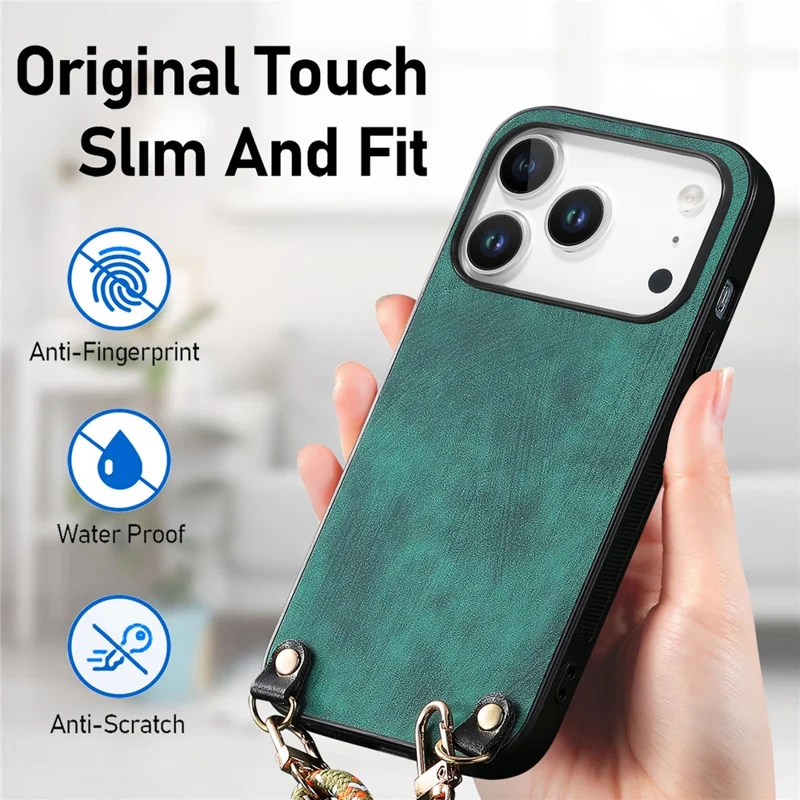 For iPhone 17 Pro Max Retro Leather Phone Back Cover with Adjustable Strap - Green