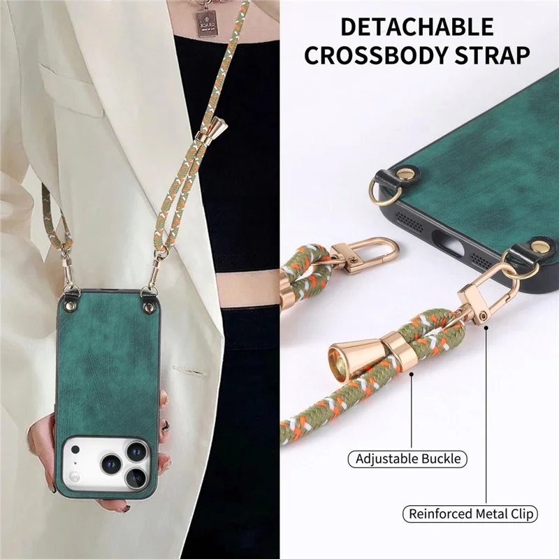 For iPhone 17 Pro Max Retro Leather Phone Back Cover with Adjustable Strap - Green