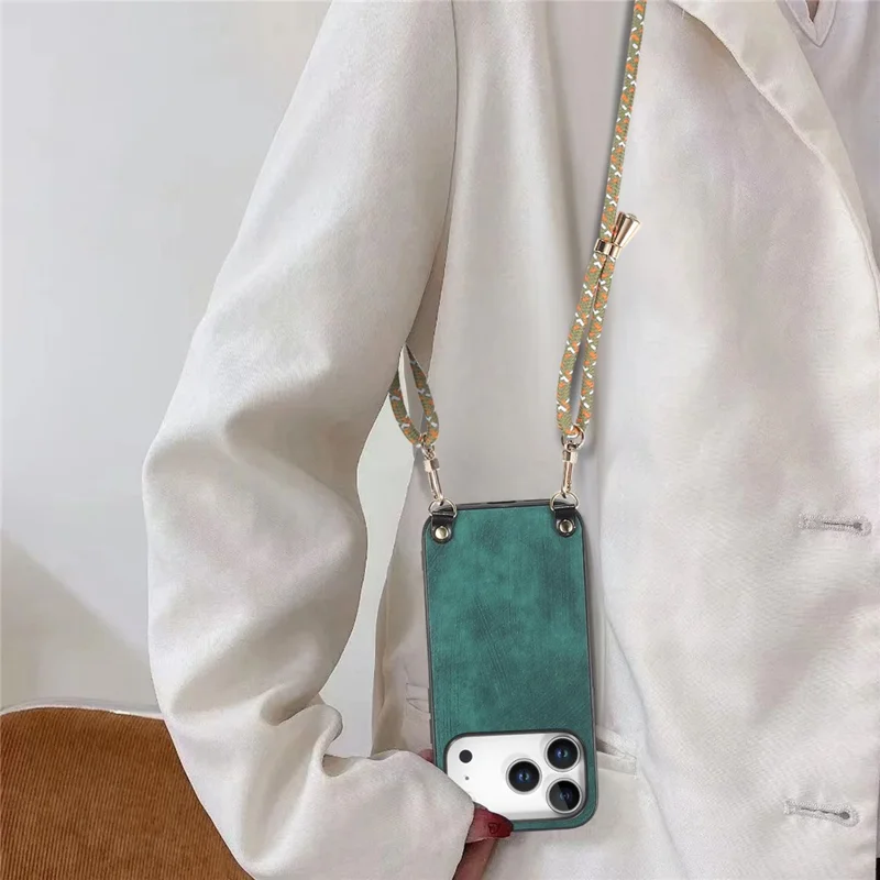 For iPhone 17 Pro Max Retro Leather Phone Back Cover with Adjustable Strap - Green