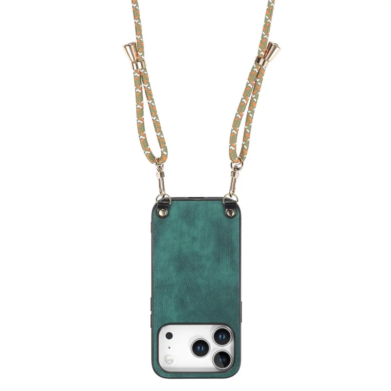 For iPhone 17 Pro Retro Leather Phone Back Cover with Adjustable Strap - Green