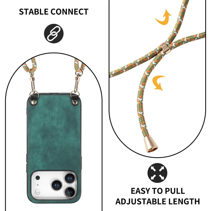 For iPhone 17 Pro Retro Leather Phone Back Cover with Adjustable Strap - Green