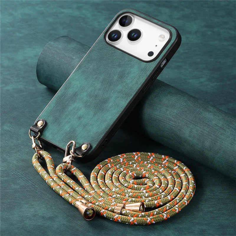 For iPhone 17 Pro Retro Leather Phone Back Cover with Adjustable Strap - Green