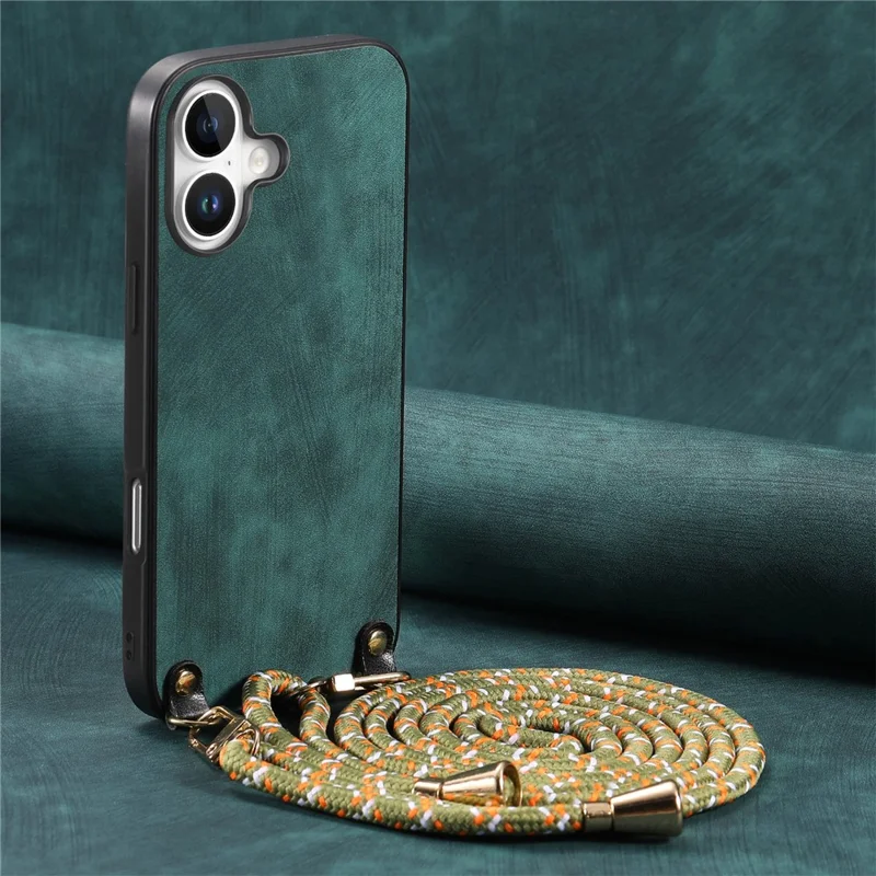 For iPhone 17 Retro Leather Phone Back Cover with Adjustable Strap - Green