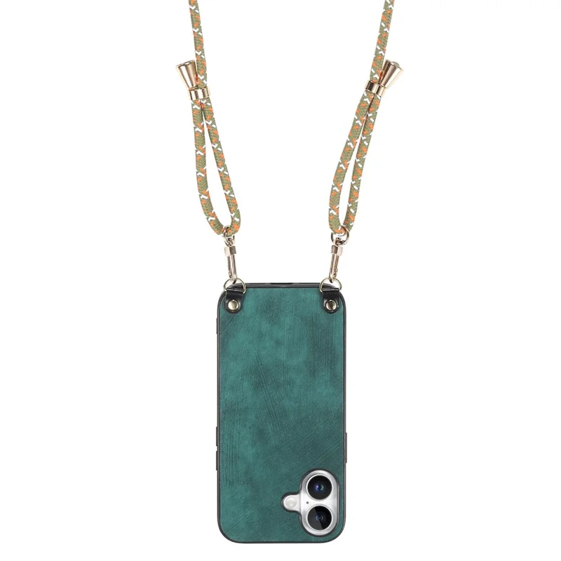 For iPhone 17 Retro Leather Phone Back Cover with Adjustable Strap - Green