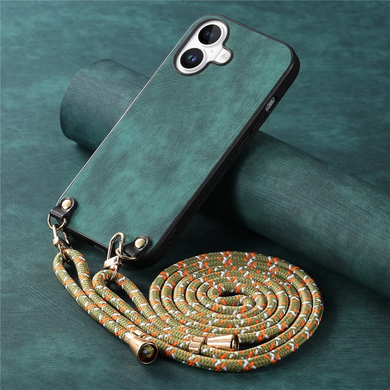 For iPhone 17 Retro Leather Phone Back Cover with Adjustable Strap - Green