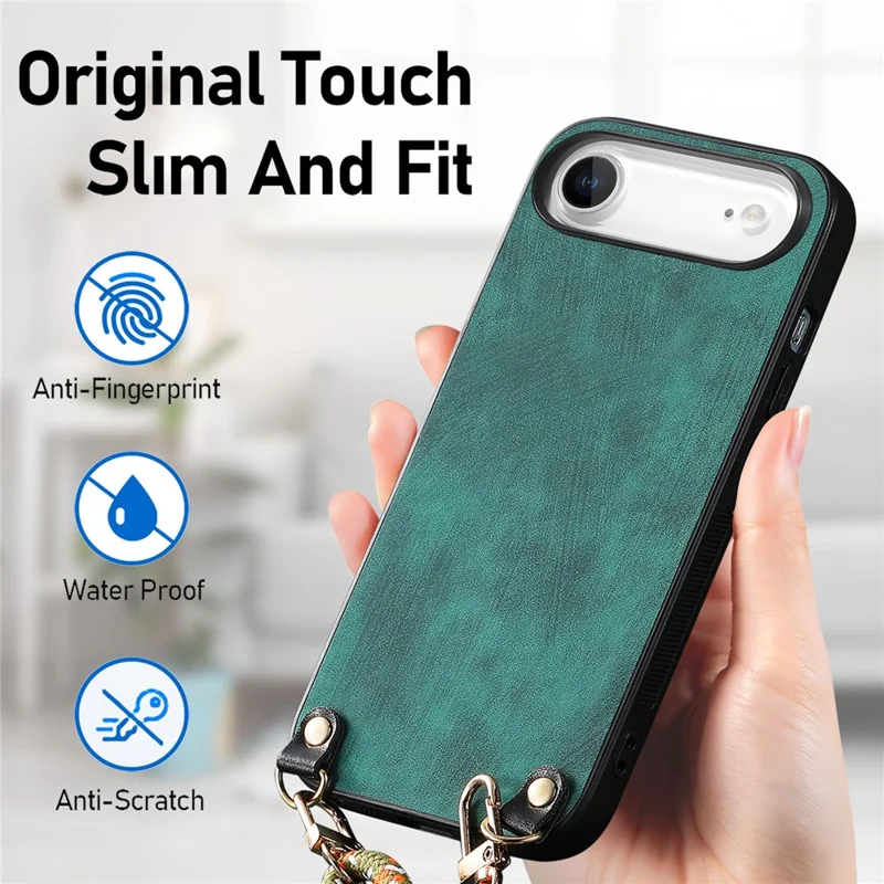 For iPhone Air Retro Leather Phone Back Cover with Adjustable Strap - Green