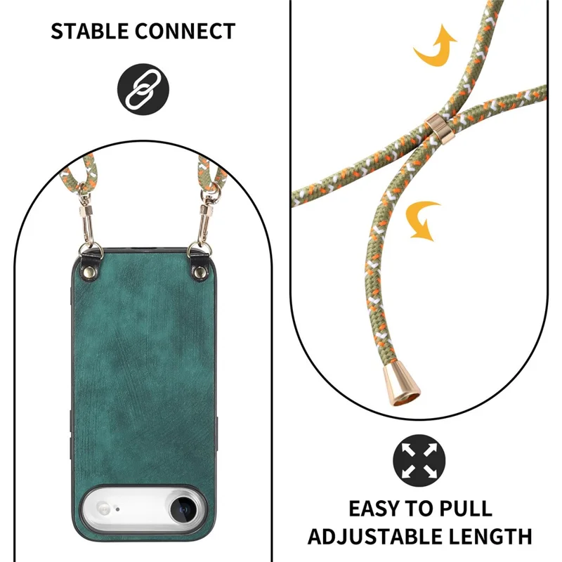 For iPhone Air Retro Leather Phone Back Cover with Adjustable Strap - Green