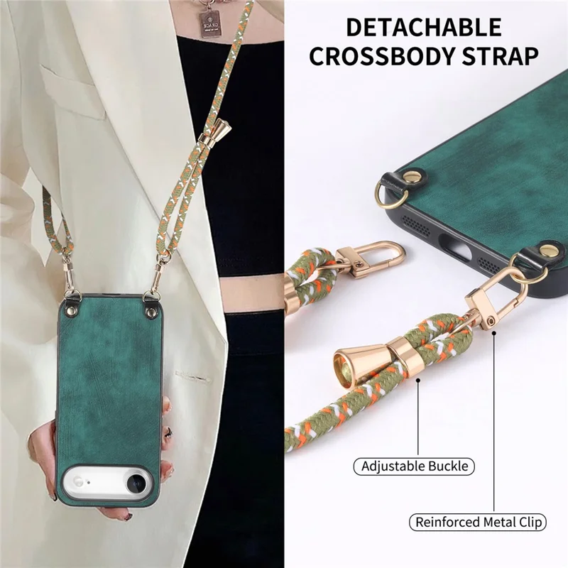 For iPhone Air Retro Leather Phone Back Cover with Adjustable Strap - Green