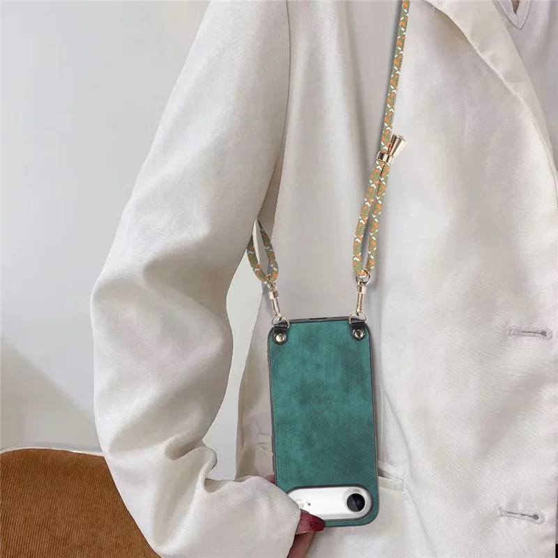 For iPhone Air Retro Leather Phone Back Cover with Adjustable Strap - Green
