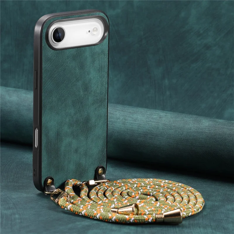 For iPhone Air Retro Leather Phone Back Cover with Adjustable Strap - Green