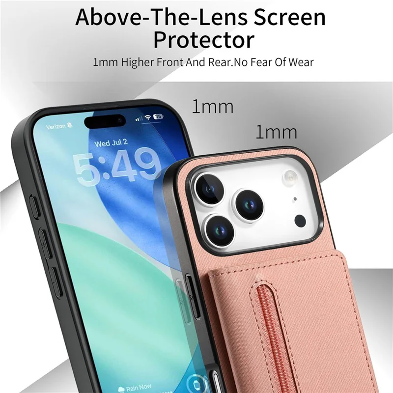 Voor iPhone 17 Pro Max hoesje met rits, kaarthouder, standaard, jeansstoffen textuur, lederen achterkant - Roze