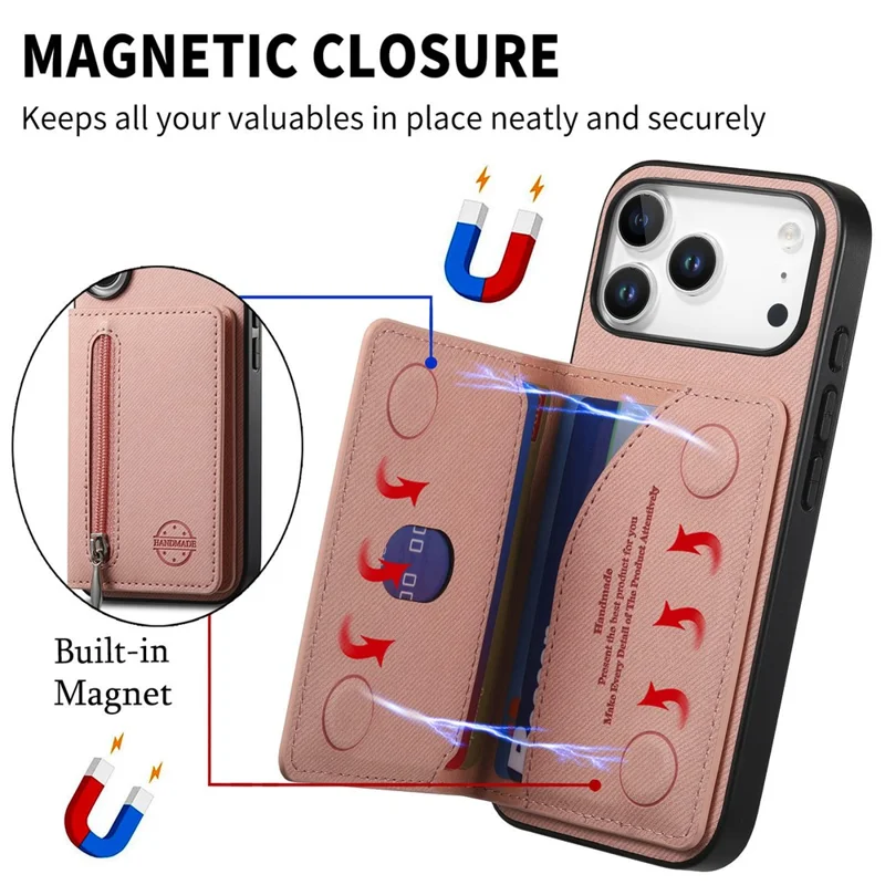 Voor iPhone 17 Pro Max hoesje met rits, kaarthouder, standaard, jeansstoffen textuur, lederen achterkant - Roze