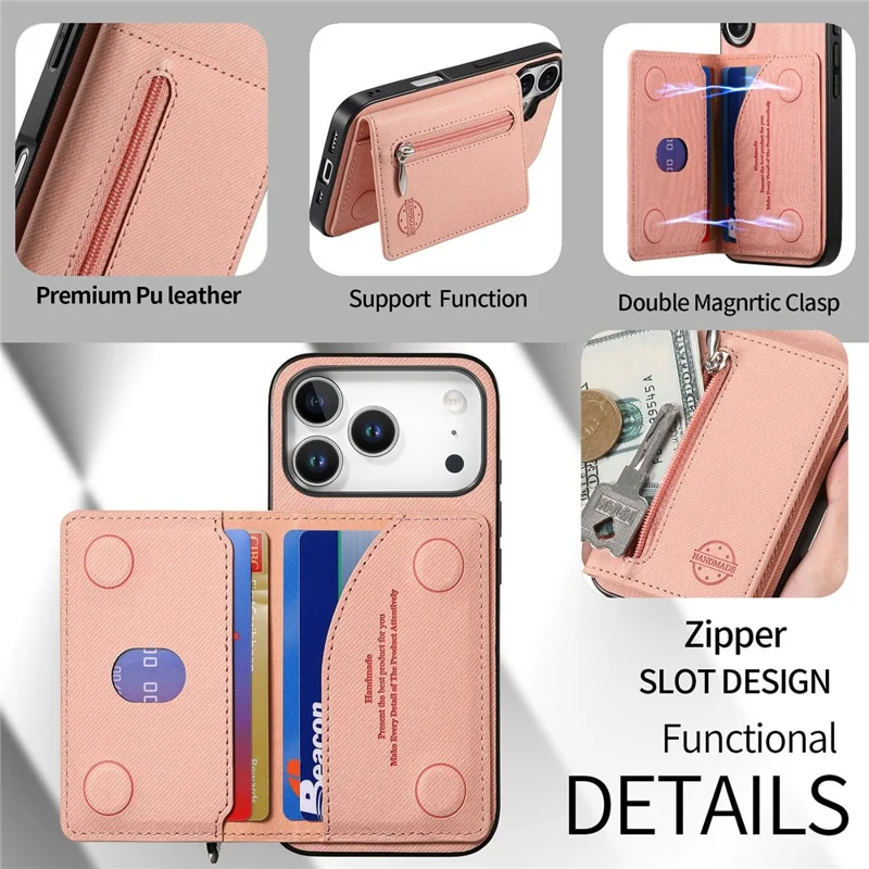 Voor iPhone 17 Pro Max hoesje met rits, kaarthouder, standaard, jeansstoffen textuur, lederen achterkant - Roze