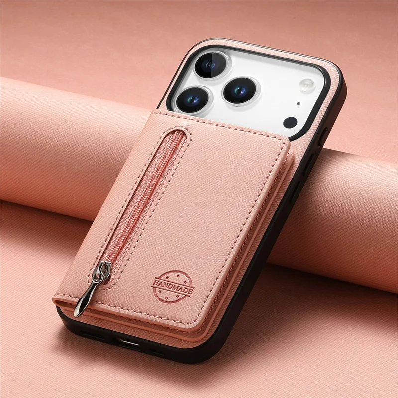 Voor iPhone 17 Pro Max hoesje met rits, kaarthouder, standaard, jeansstoffen textuur, lederen achterkant - Roze
