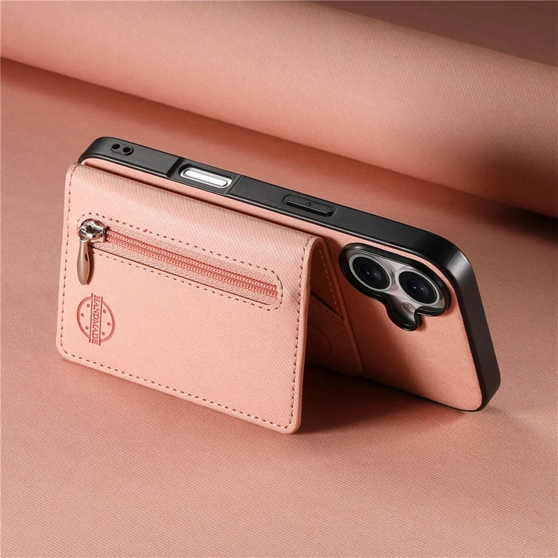 Voor iPhone 17 Pro Max hoesje met rits, kaarthouder, standaard, jeansstoffen textuur, lederen achterkant - Roze