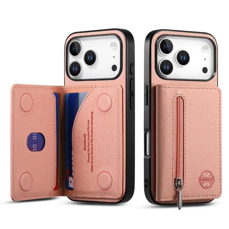 Voor iPhone 17 Pro Max hoesje met rits, kaarthouder, standaard, jeansstoffen textuur, lederen achterkant - Roze