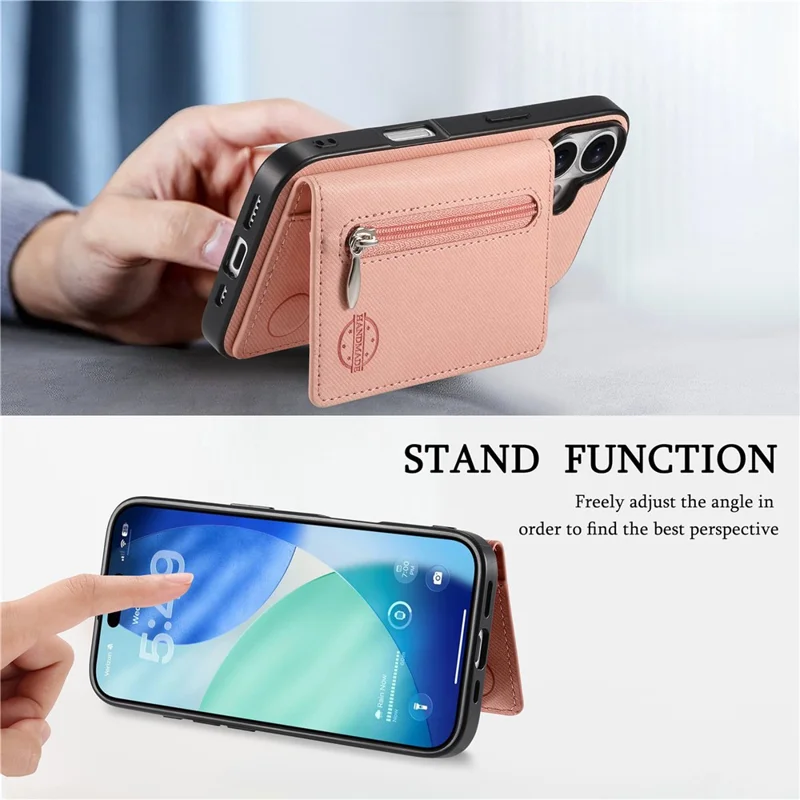 Voor iPhone 17 Pro Max hoesje met rits, kaarthouder, standaard, jeansstoffen textuur, lederen achterkant - Roze