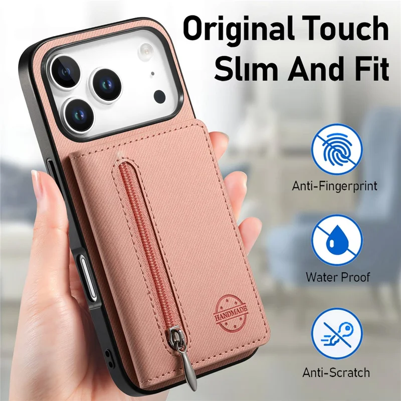 Voor iPhone 17 Pro Max hoesje met rits, kaarthouder, standaard, jeansstoffen textuur, lederen achterkant - Roze