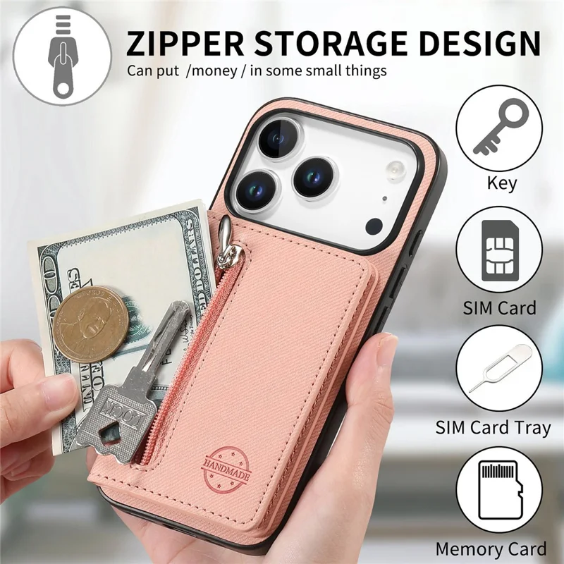 Voor iPhone 17 Pro Max hoesje met rits, kaarthouder, standaard, jeansstoffen textuur, lederen achterkant - Roze