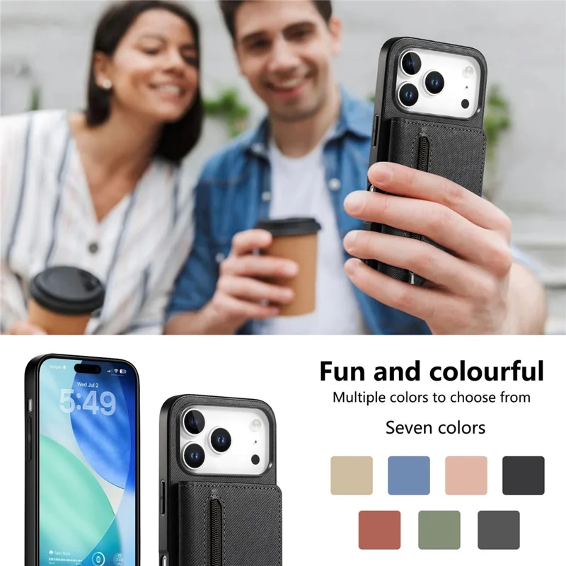 For iPhone 17 Pro Max Case Zipper Card Holder Kickstand Jeans Cloth Texture Leather Back Cover - Black