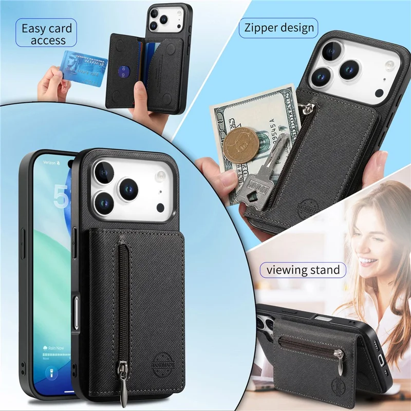 For iPhone 17 Pro Max Case Zipper Card Holder Kickstand Jeans Cloth Texture Leather Back Cover - Black