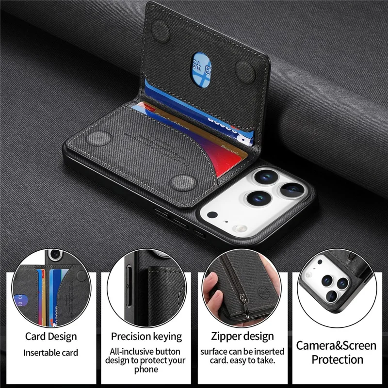 For iPhone 17 Pro Max Case Zipper Card Holder Kickstand Jeans Cloth Texture Leather Back Cover - Black