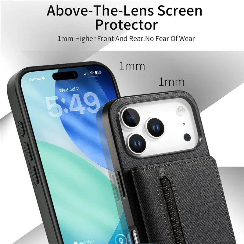 For iPhone 17 Pro Max Case Zipper Card Holder Kickstand Jeans Cloth Texture Leather Back Cover - Black