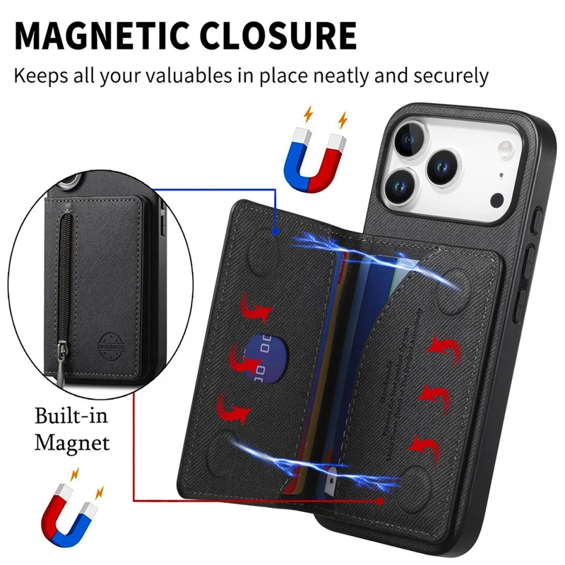 For iPhone 17 Pro Max Case Zipper Card Holder Kickstand Jeans Cloth Texture Leather Back Cover - Black