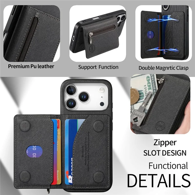 For iPhone 17 Pro Max Case Zipper Card Holder Kickstand Jeans Cloth Texture Leather Back Cover - Black