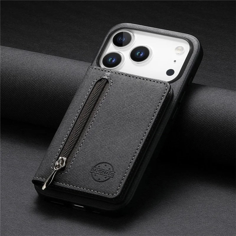 For iPhone 17 Pro Max Case Zipper Card Holder Kickstand Jeans Cloth Texture Leather Back Cover - Black