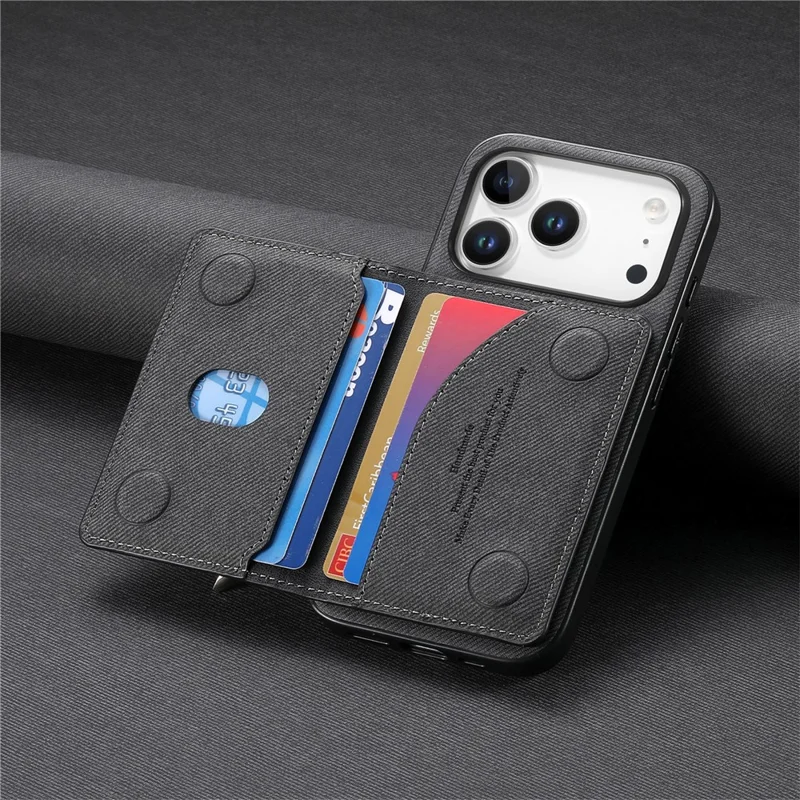 For iPhone 17 Pro Max Case Zipper Card Holder Kickstand Jeans Cloth Texture Leather Back Cover - Black