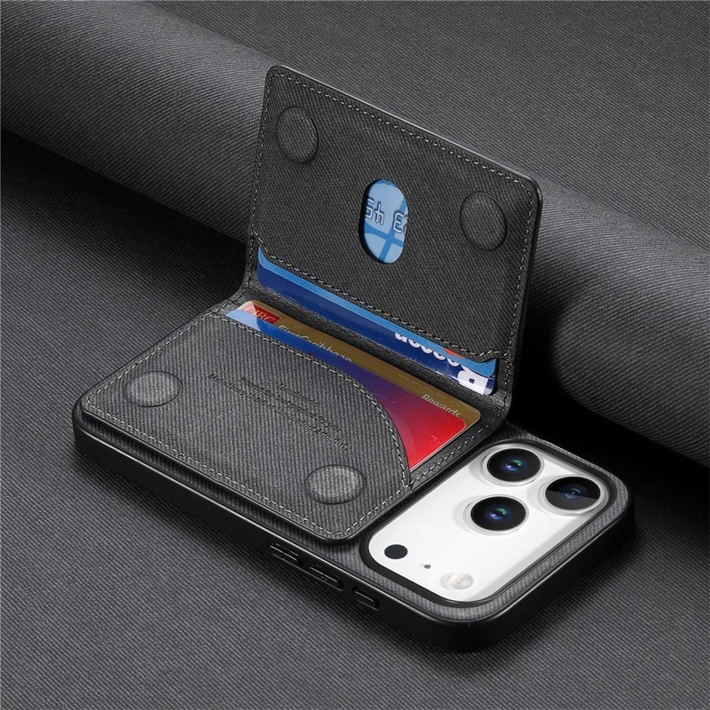 For iPhone 17 Pro Max Case Zipper Card Holder Kickstand Jeans Cloth Texture Leather Back Cover - Black