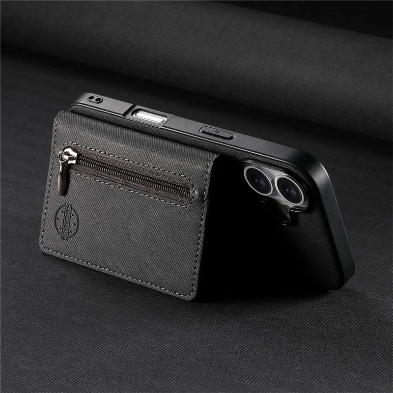 For iPhone 17 Pro Max Case Zipper Card Holder Kickstand Jeans Cloth Texture Leather Back Cover - Black