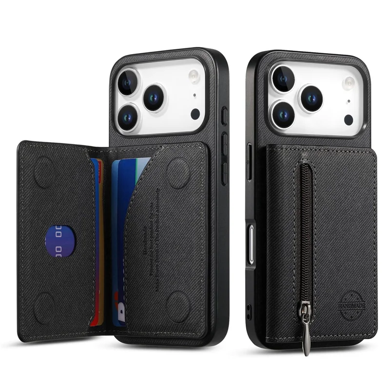 For iPhone 17 Pro Max Case Zipper Card Holder Kickstand Jeans Cloth Texture Leather Back Cover - Black
