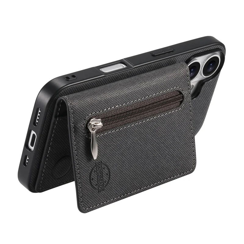 For iPhone 17 Pro Max Case Zipper Card Holder Kickstand Jeans Cloth Texture Leather Back Cover - Black