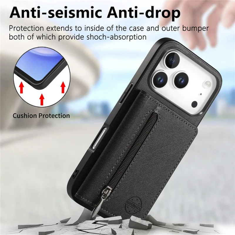 For iPhone 17 Pro Max Case Zipper Card Holder Kickstand Jeans Cloth Texture Leather Back Cover - Black