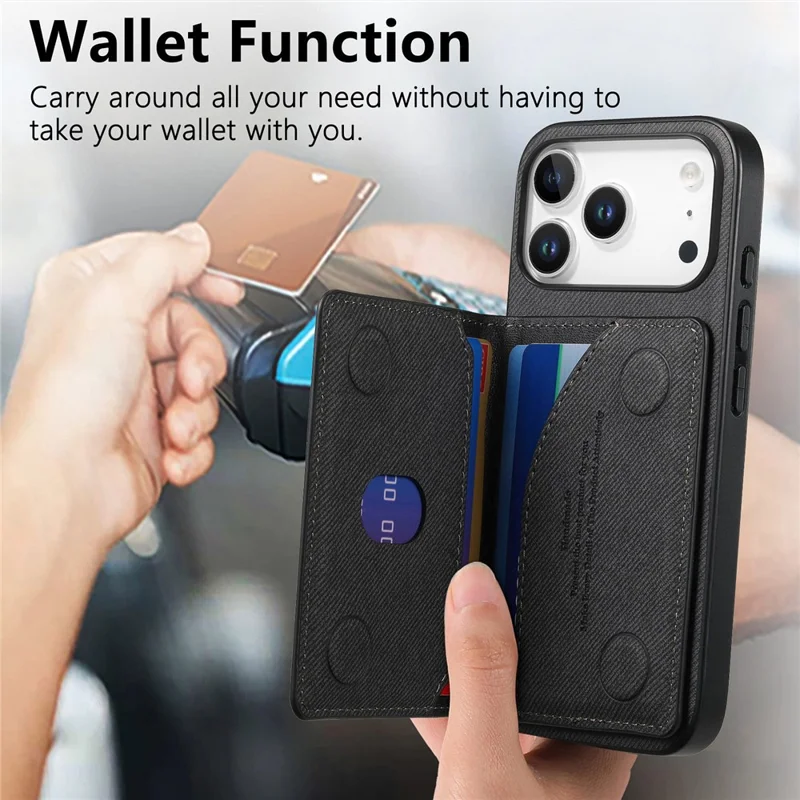 For iPhone 17 Pro Max Case Zipper Card Holder Kickstand Jeans Cloth Texture Leather Back Cover - Black