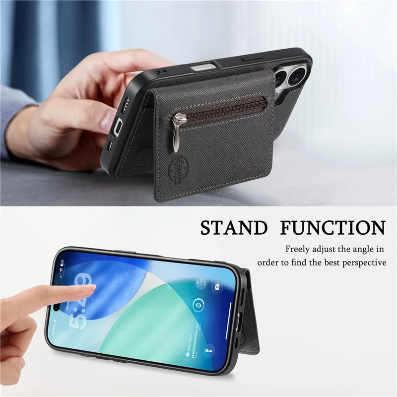 For iPhone 17 Pro Max Case Zipper Card Holder Kickstand Jeans Cloth Texture Leather Back Cover - Black
