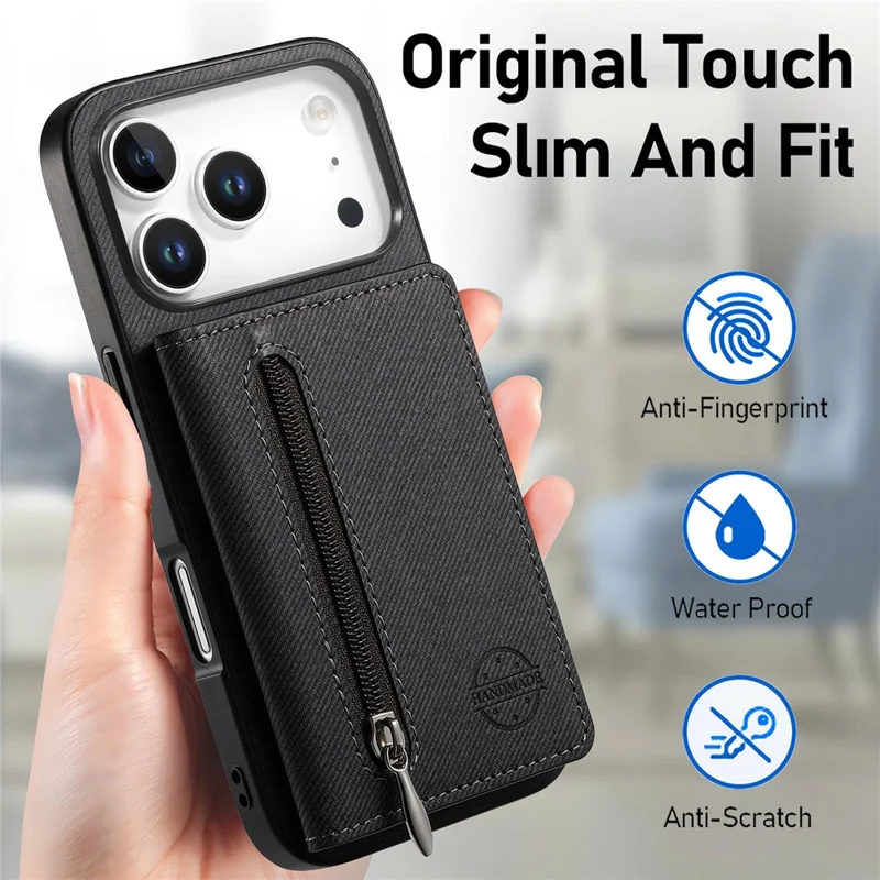For iPhone 17 Pro Max Case Zipper Card Holder Kickstand Jeans Cloth Texture Leather Back Cover - Black