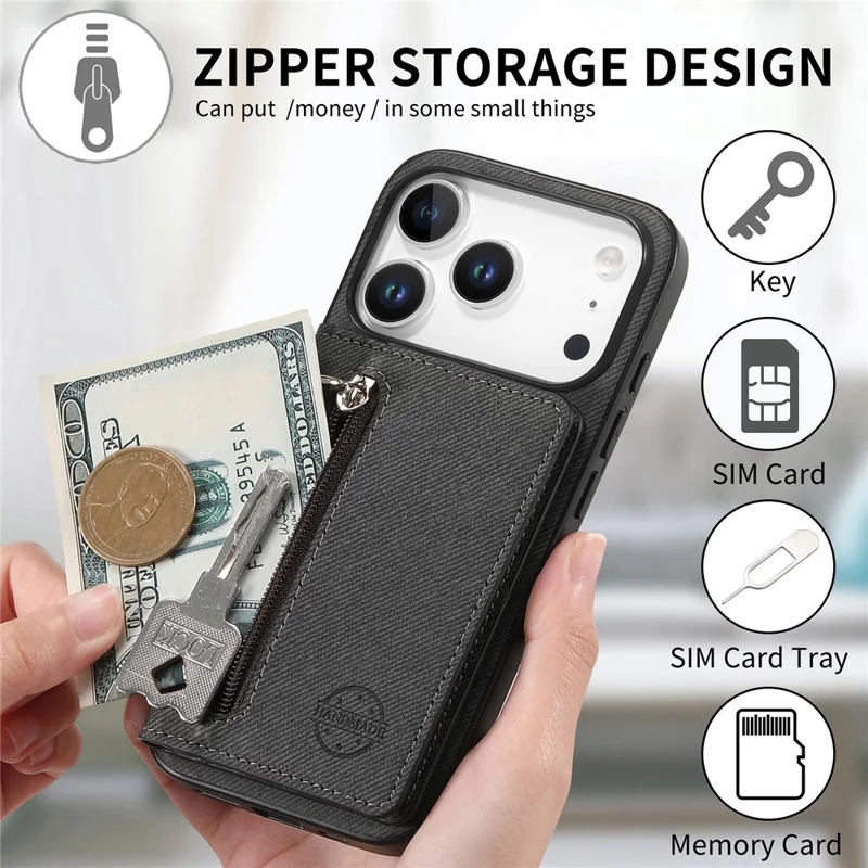 For iPhone 17 Pro Max Case Zipper Card Holder Kickstand Jeans Cloth Texture Leather Back Cover - Black