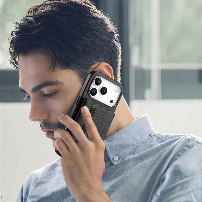 For iPhone 17 Pro Max Case Zipper Card Holder Kickstand Jeans Cloth Texture Leather Back Cover - Black