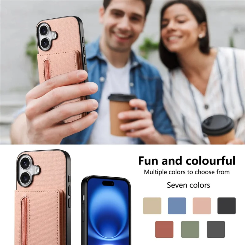 For iPhone 17 Case Zipper Card Holder Kickstand Jeans Cloth Texture Leather Back Cover - Pink