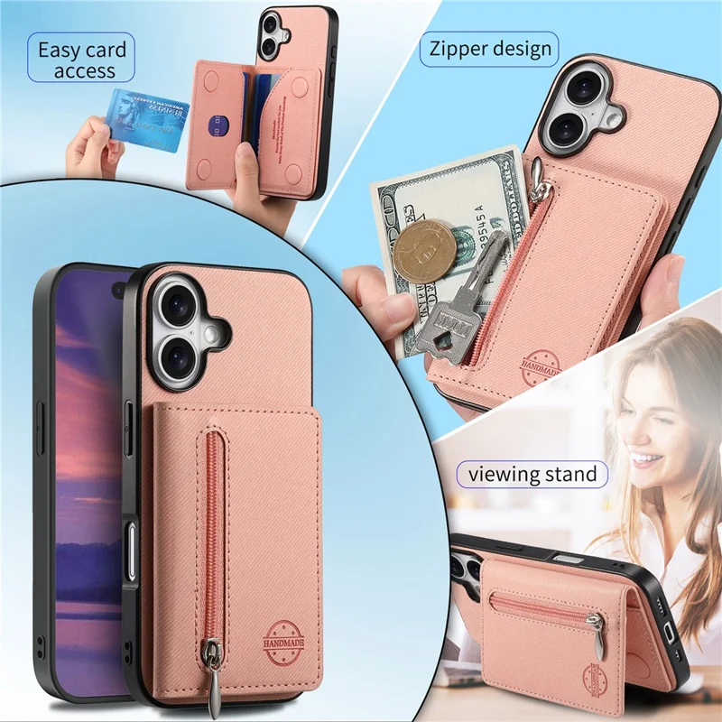 For iPhone 17 Case Zipper Card Holder Kickstand Jeans Cloth Texture Leather Back Cover - Pink