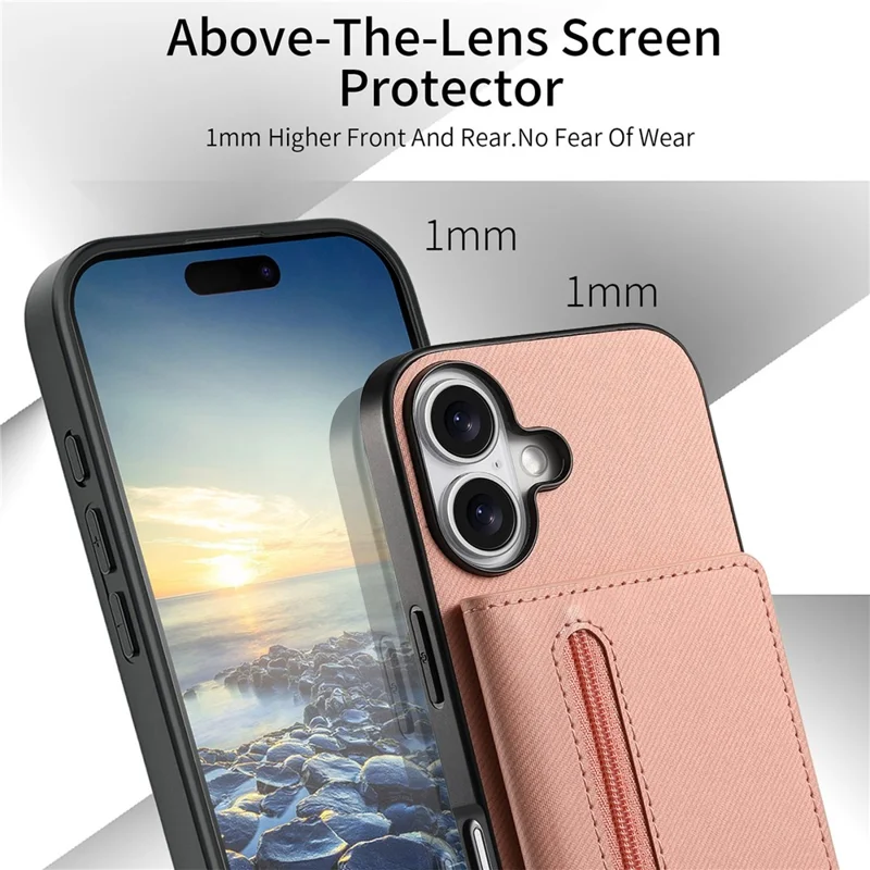 For iPhone 17 Case Zipper Card Holder Kickstand Jeans Cloth Texture Leather Back Cover - Pink
