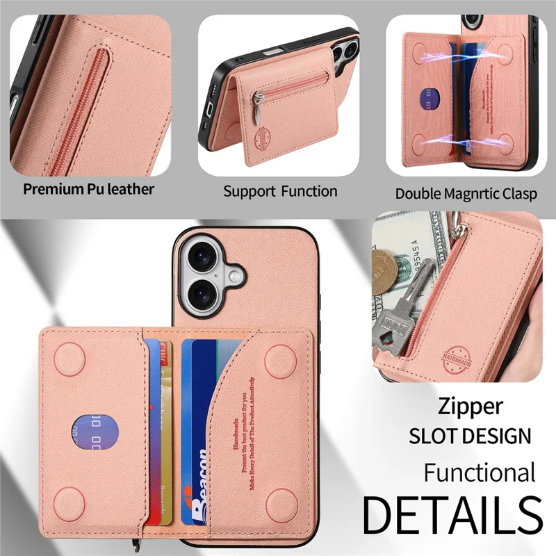 For iPhone 17 Case Zipper Card Holder Kickstand Jeans Cloth Texture Leather Back Cover - Pink