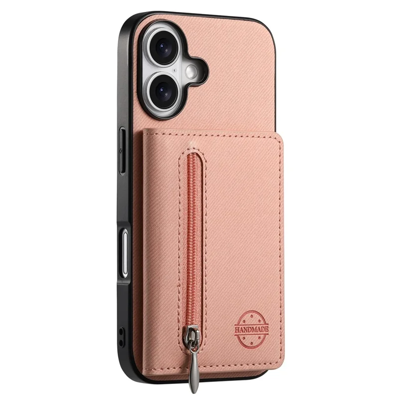 For iPhone 17 Case Zipper Card Holder Kickstand Jeans Cloth Texture Leather Back Cover - Pink