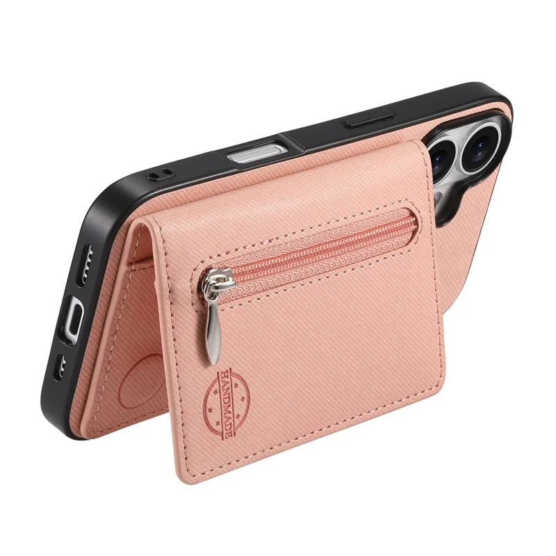 For iPhone 17 Case Zipper Card Holder Kickstand Jeans Cloth Texture Leather Back Cover - Pink