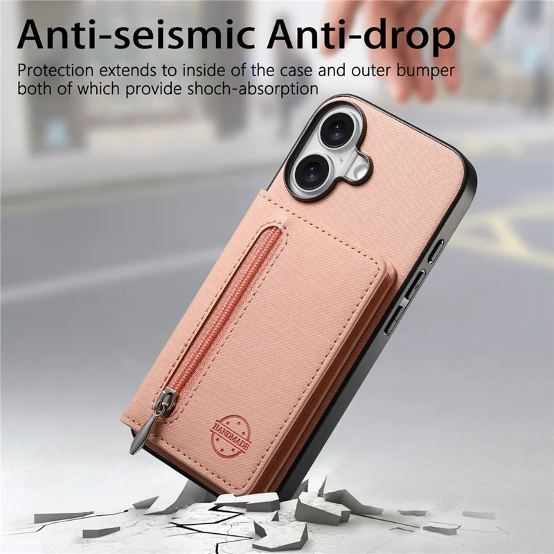 For iPhone 17 Case Zipper Card Holder Kickstand Jeans Cloth Texture Leather Back Cover - Pink