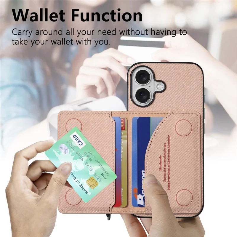 For iPhone 17 Case Zipper Card Holder Kickstand Jeans Cloth Texture Leather Back Cover - Pink