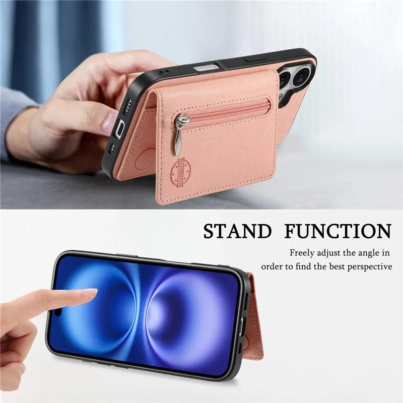 For iPhone 17 Case Zipper Card Holder Kickstand Jeans Cloth Texture Leather Back Cover - Pink
